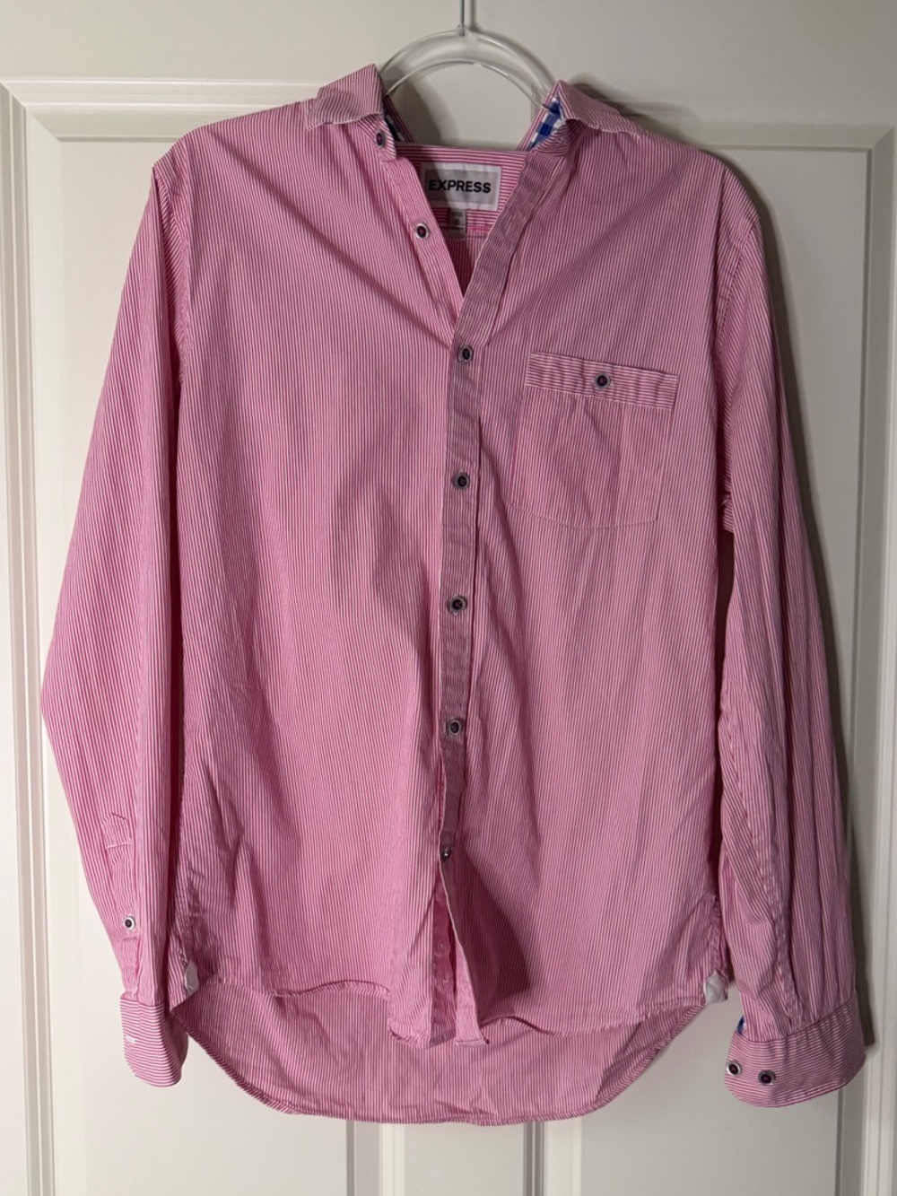 Express Men’s Fitted Pink Striped Button-Up Shirt